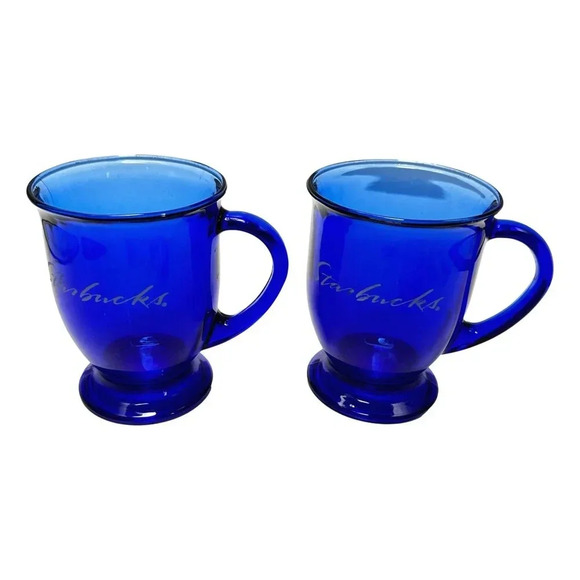 STARBUCKS Anchor Hocking  Cobalt Blue Mug Glass Pedestal Footed Coffee EARLY - Picture 3 of 10
